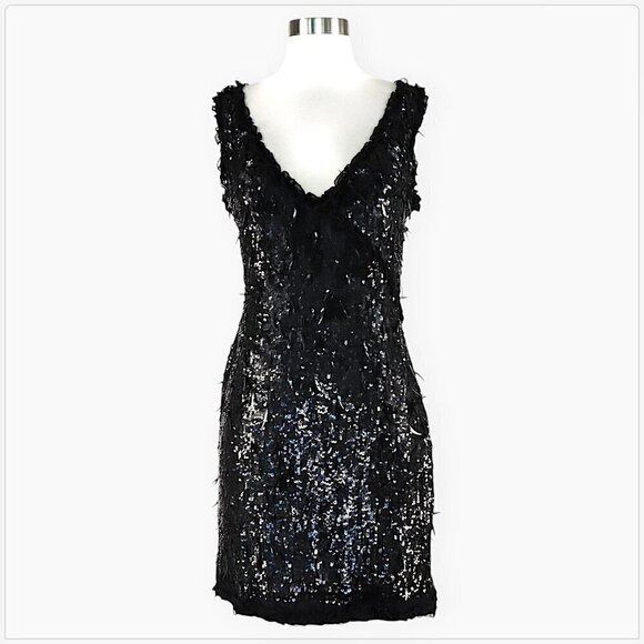 Bebe Black Sequin Stretch Ruffle Trim Bodycon Holiday Party Dress NWT NEW XS - Picture 1 of 5